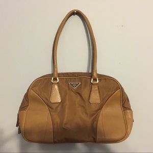 100% Auth Prada Beige Canvas Leather Bowling Bag